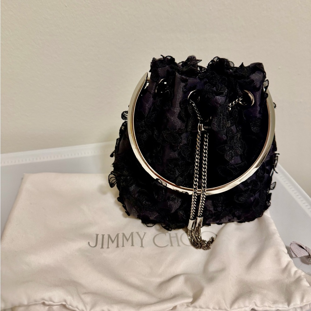 Jimmy Choo Black Textured Floral Drawstring Mini Bag with Silver Chain - Picture 3 of 5